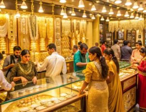 Customers shopping gold jewellery inside luxury showroom