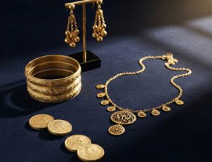 Gold necklace with coin pendants, bangles and earrings set