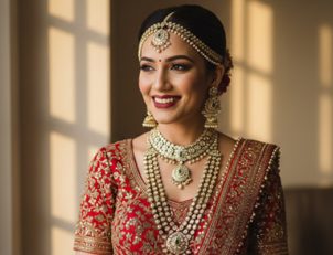 Smiling bride in traditional gold jewellery near window light