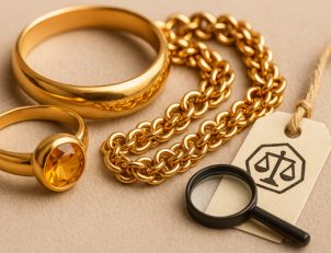 Gold jewellery with hallmark tag and magnifier on display