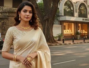 Woman wearing gold jewellery outside luxury showroom